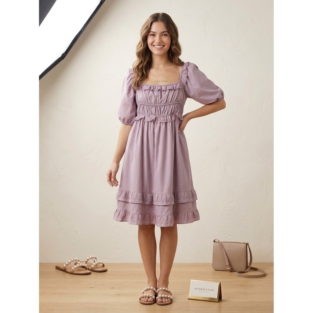 Altar'd State Elderberry Purple Eyelet Ruffle Smocked Mini Dress ASWD-232-014 L